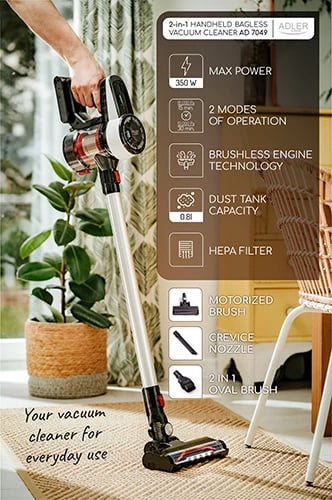 Fshesë me korrent pa qese, Adler AD 7048, pa kabllo, motor brushless, Dual Cyclone, 0.8L, 200W (350W max), LED ekran, 2 moda, bateri 2000mAh, e bardhë/zezë/e kuqe Fshesë me korrent pa qese, Adler AD 7048, pa kabllo, motor brushless, Dual Cyclone, 0.8L, 200W (350W max), LED ekran, 2 moda, bateri 2000mAh, e bardhë/zezë/e kuqe