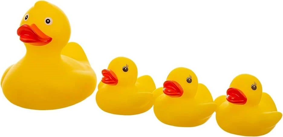 Lodër banjoje, Akuku Duckies, rosakë gome pa BPA me spërkatje uji, e verdhë, set 4-copësh