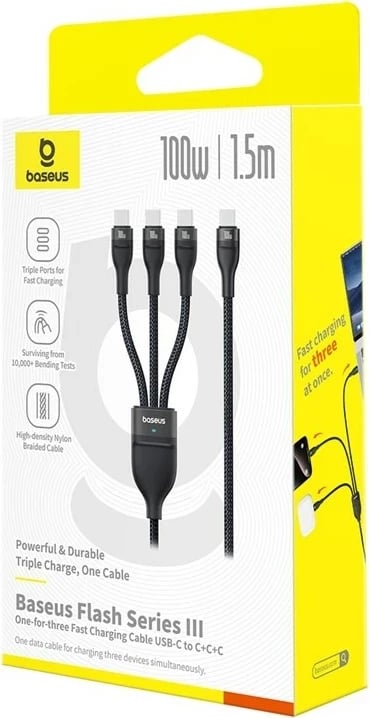 Kabllo Baseus Flash Series Type C në C+C+C, 480 Mbps, 1.5 m, E zezë