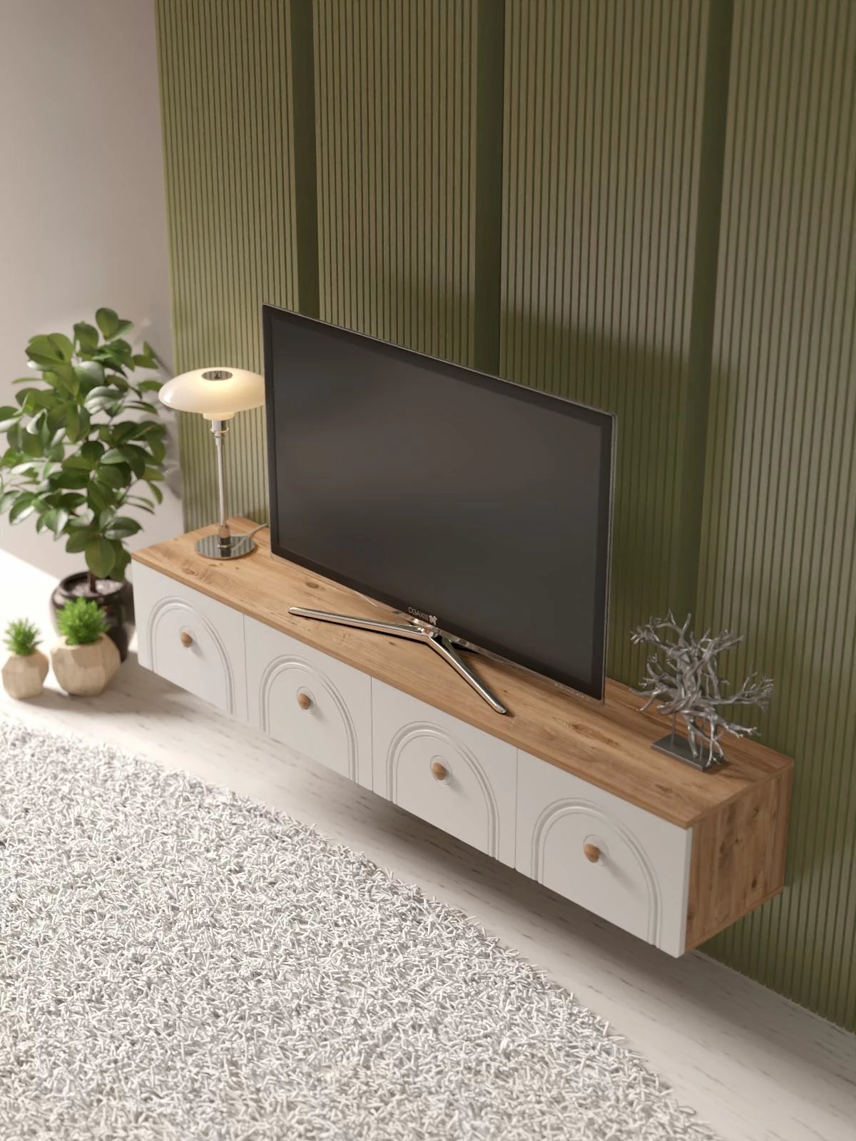 Komodë TV Skye Decor, Norvia 180, ngjyrë pishë Atlantike dhe e bardhë