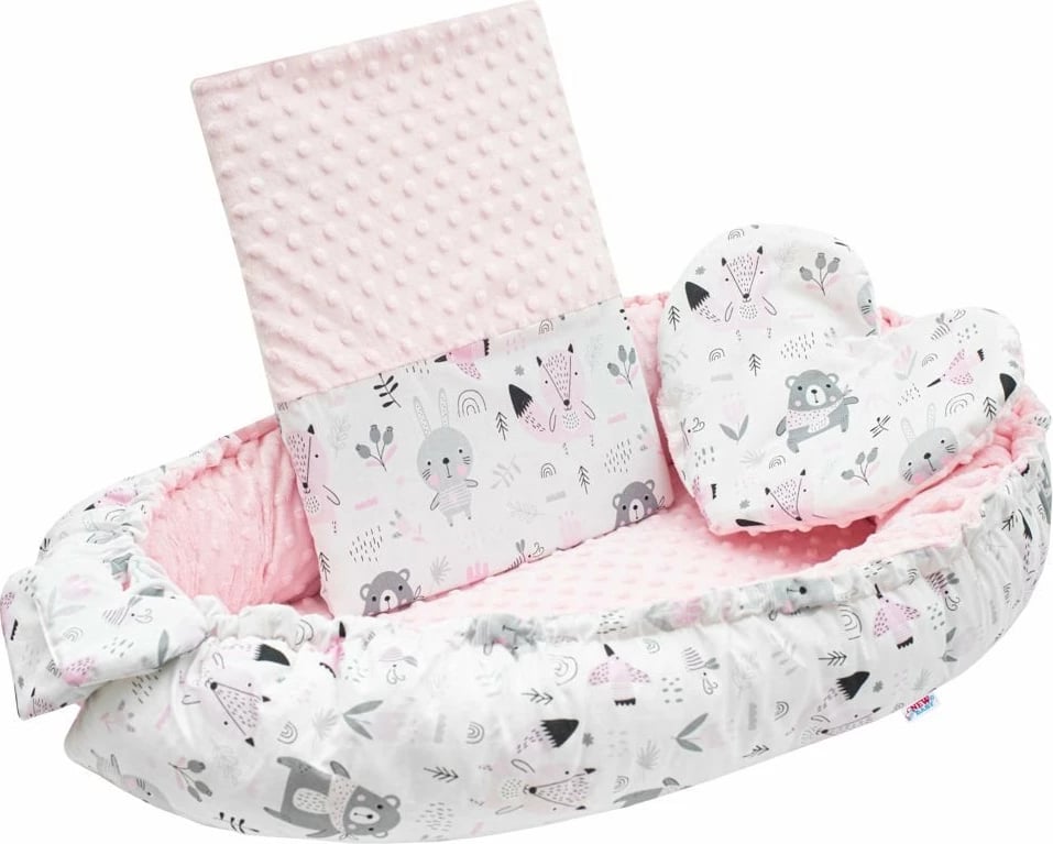 Fole bebeje, NEW BABY, Minky, 55x75 cm (brendshme 35x59), pambuk + minky poliester, rozë, set me jastëk dhe batanije