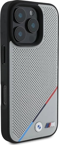 Mbështjellës BMW M Perforated Tricolor Line MagSafe për iPhone 16 Pro, Gri