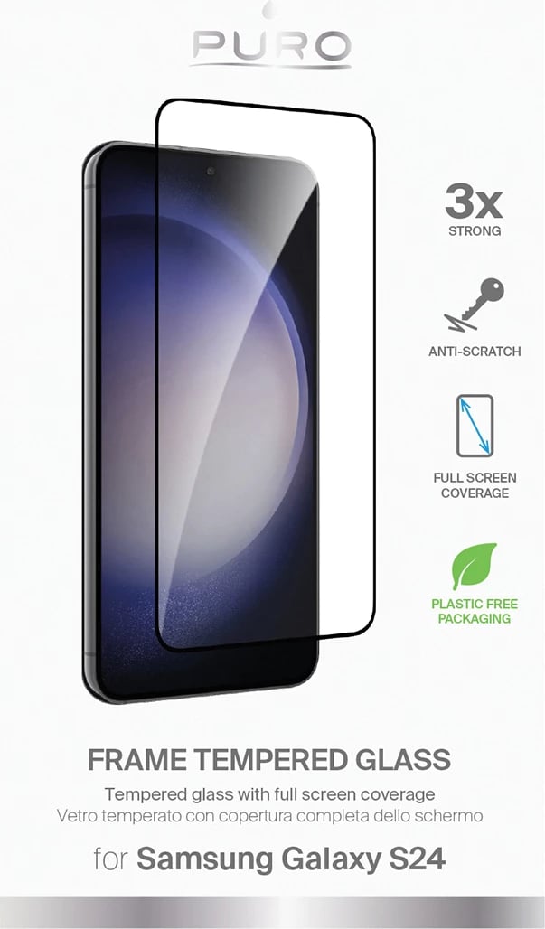 Xham mbrojtës Puro Frame Tempered Glass për Samsung Galaxy S25/S24, me kornizë të zezë