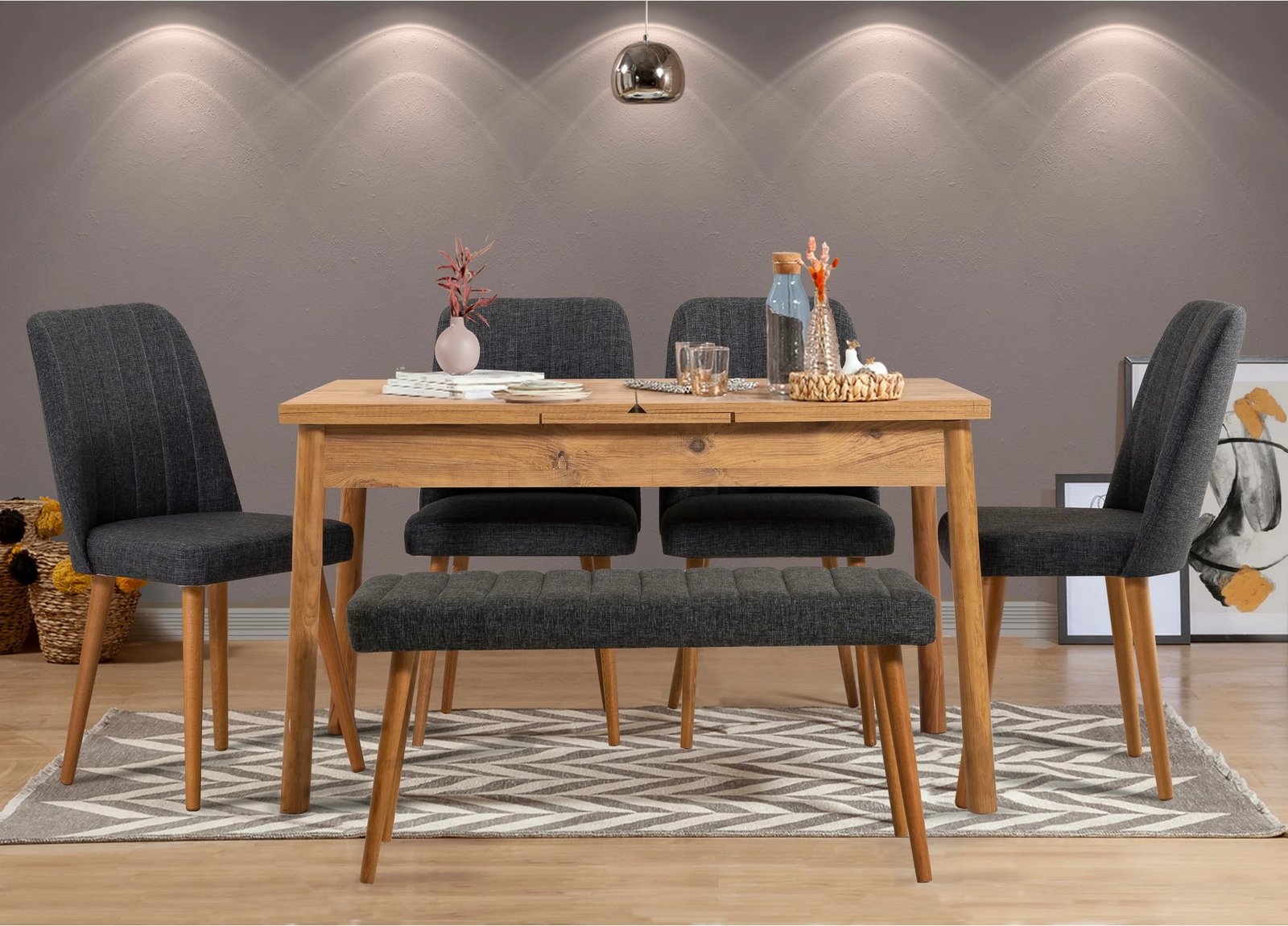 Set tavoline me karrige për ngrënie, e zgjatshme, 6 pjesë, Hanah Home, Santiago, ngjyrë Atlantic Pine dhe Anthracite