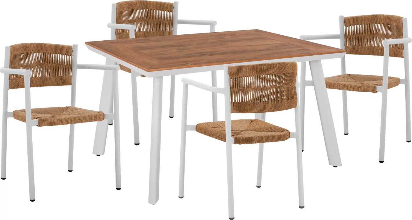 Set për darkë 5 pjesë, tavolinë polywood 120x80 dhe karrige me mbështetëse të bardha FH11427