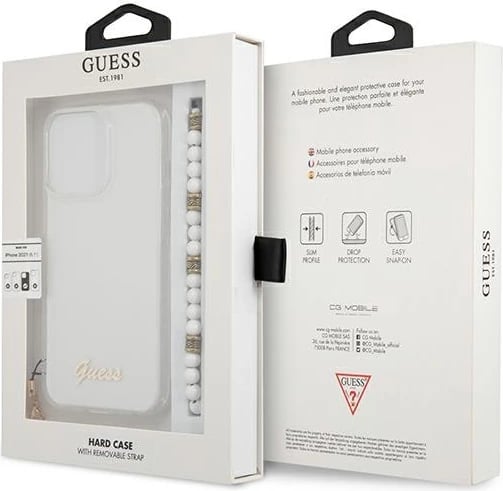 Mbështjellës Guess GUHCP13LKPSWH për iPhone 13/13 Pro 6.1", Transparent, me varëse perlë Mbështjellës Guess GUHCP13LKPSWH për iPhone 13/13 Pro 6.1", Transparent, me varëse perlë