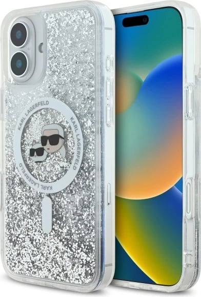 Mbështjellës Karl Lagerfeld Liquid Glitter Karl & Choupette Head MagSafe për iPhone 16 Plus, Transparent