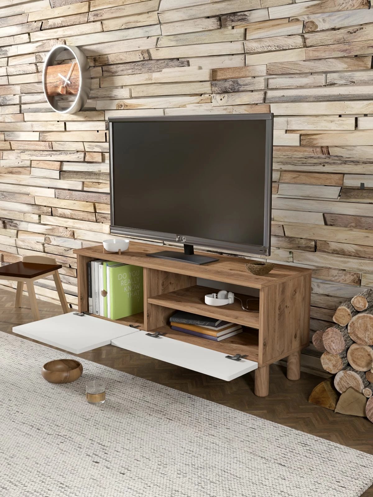 Komodë TV, Skye Decor, Serenta 105, ngjyrë Atlantic Pine dhe e bardhë