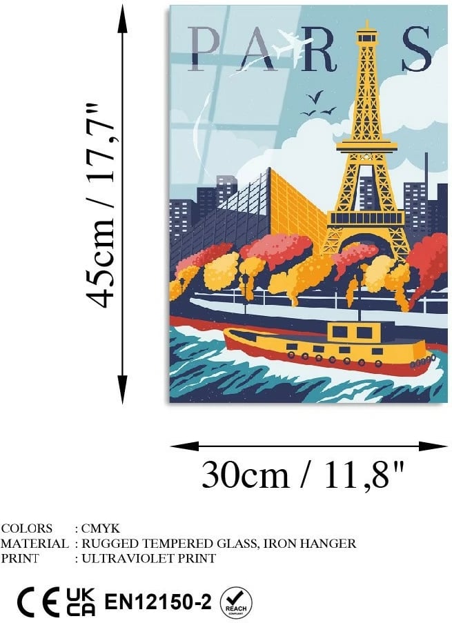 Pikturë dekorative prej xhami të temperuar, shumëngjyrëshe, PARIS, UV-1019, 30x45cm