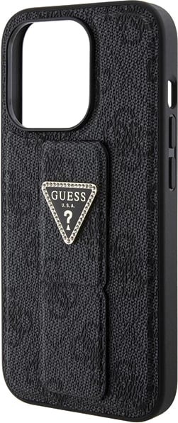 Mbështjellës Guess Grip Stand 4G Triangle Strass për iPhone 15 Pro Max, i zi