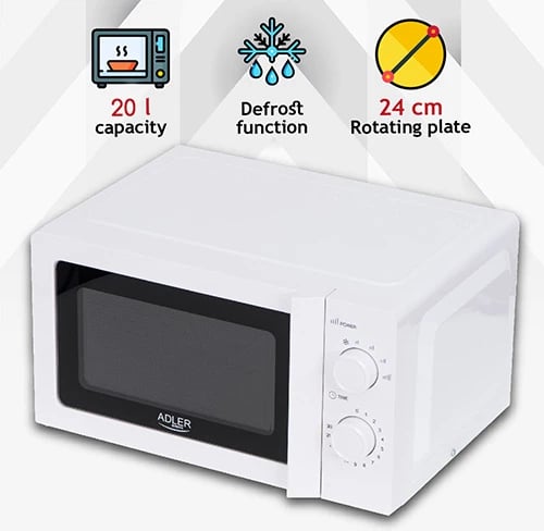 Furrë me mikrovalë, Adler AD 6205, 20 L, 700 W, 5 nivele, defrost, kontroll mekanik, e bardhë