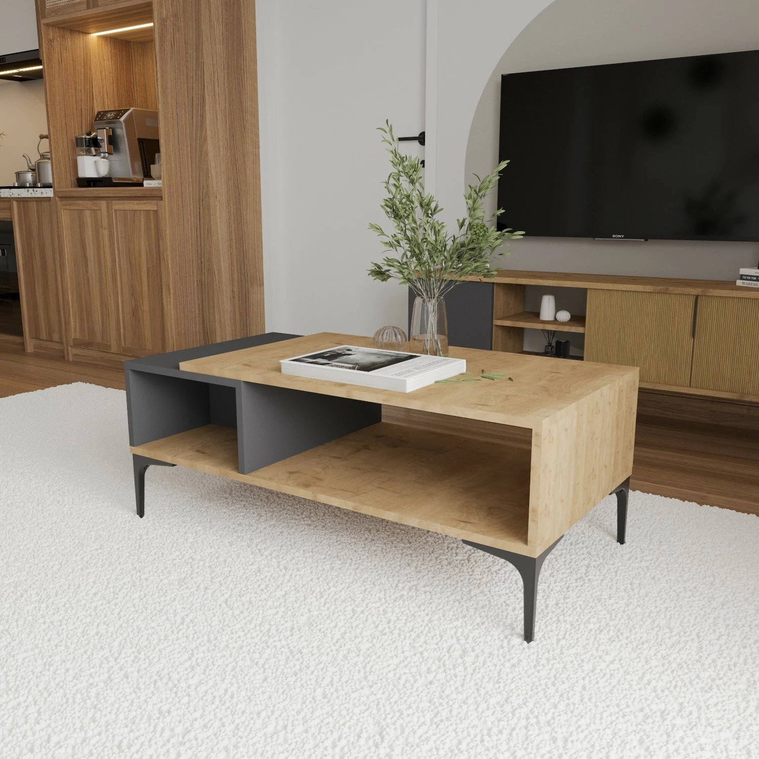 Tavolinë e ulët Hanah Home, Tarz, anthracite dhe lis