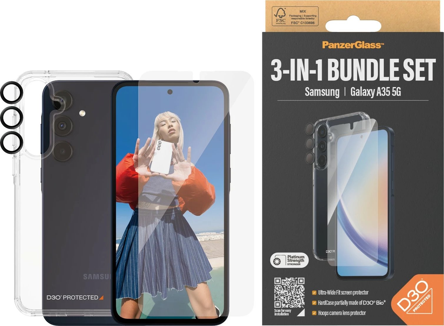 Mbështjellës PanzerGlass 3-in-1 për Samsung Galaxy A35 5G, transparent