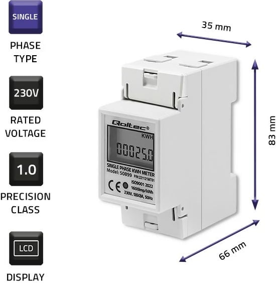 Matës energjie njëfazor Qoltec 50899, LCD, për montim në shinë DIN, Gri