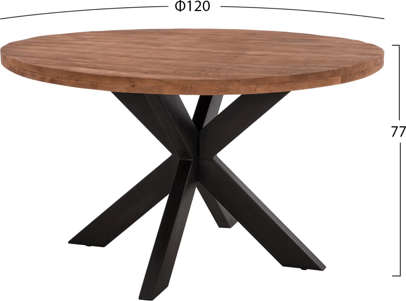 Tavolinë ngrënieje e rrumbullakët, MONTANA SUPERIOR, sipërfaqe druri akacieje të ngurtë, 4cm, Φ120Χ77Hcm