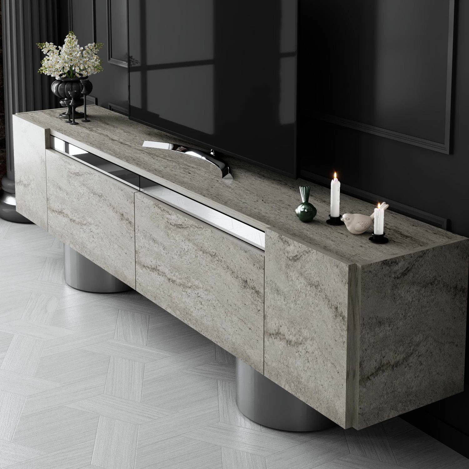 Komodë TV Hanah Home, bohem, travertin, argjend