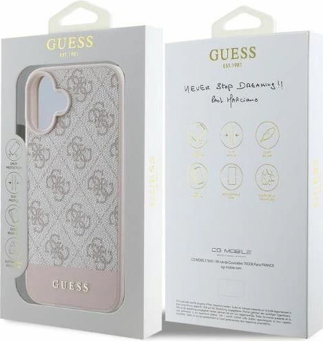 Mbështjellës Guess 4G Bottom Stripe për iPhone 16 6.1", hardcase TPU/PC/eko-lëkurë, rozë