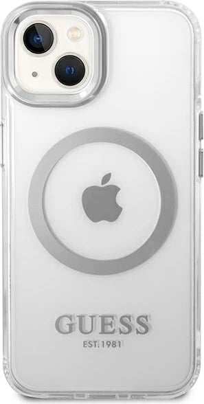Mbështjellës Guess GUHMP14SHTRMS për iPhone 14 6.1", hardcase, MagSafe, argjendtë/transparent