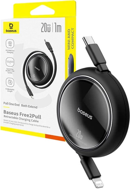 Kabllo karikimi Baseus Free2Pull, USB-C në Lightning, 1m, 20W, e zezë