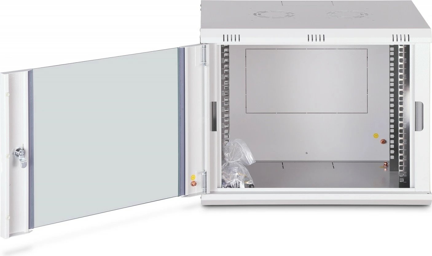 Kabinet rrjeti muror 19" 9U, Digitus, DN-37104, 474×600×450 mm, derë xhami, IP20, kapacitet ngarkese 60 kg, i pambledhur, gri