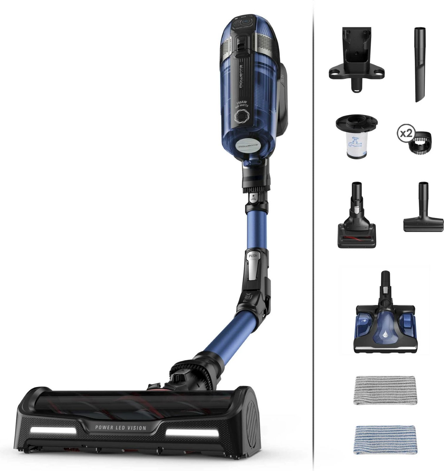 Fshesë me korrent vertikale pa kabllo Rowenta RH98C0WO X-Force Flex 2-në-1, 4.8V, kohë pune deri 45 min, depozitë 0.9L, filtër 99.9%, blu