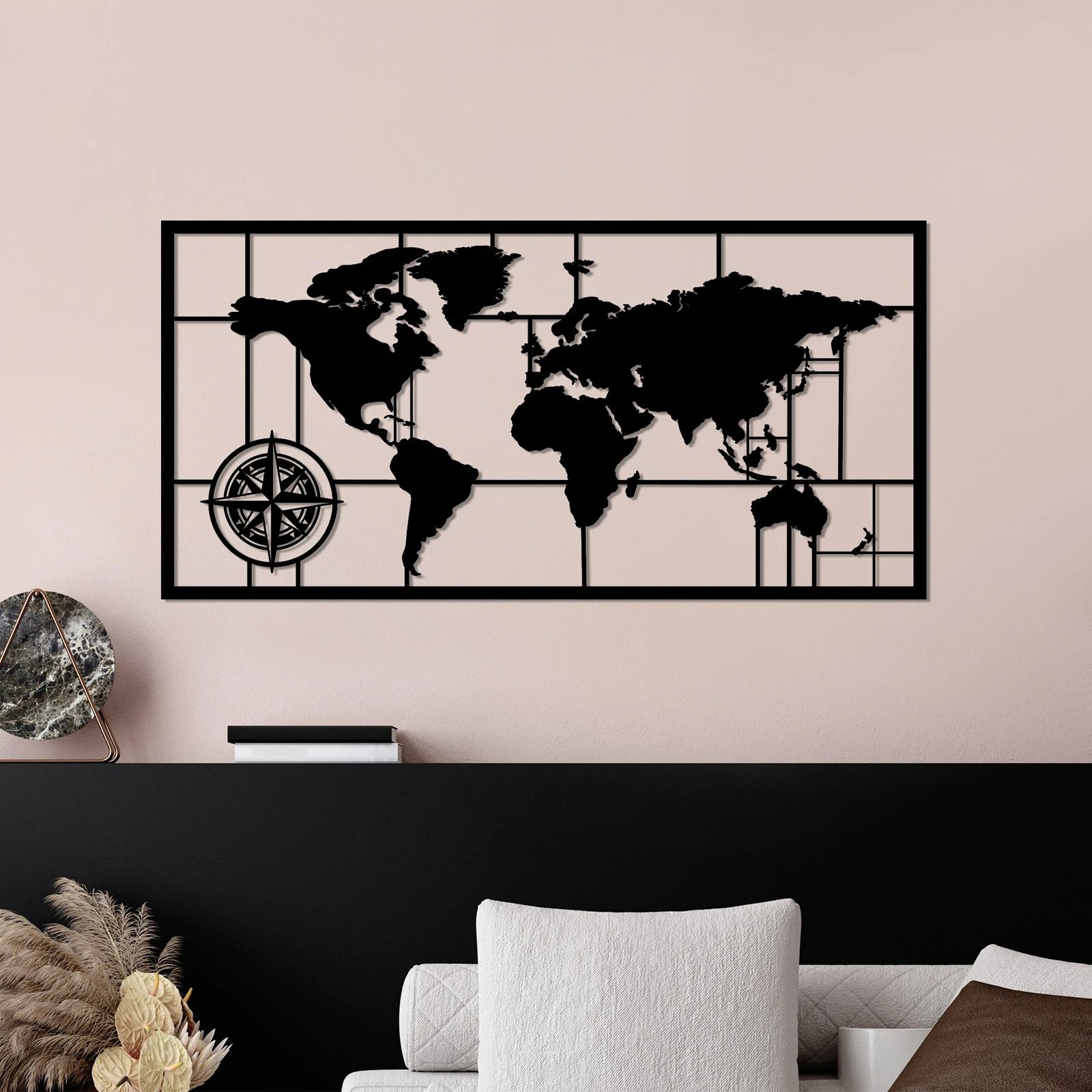 Aksesor dekorativ metalik për mur, hartë bote, Wallity, 81x40cm, e zezë