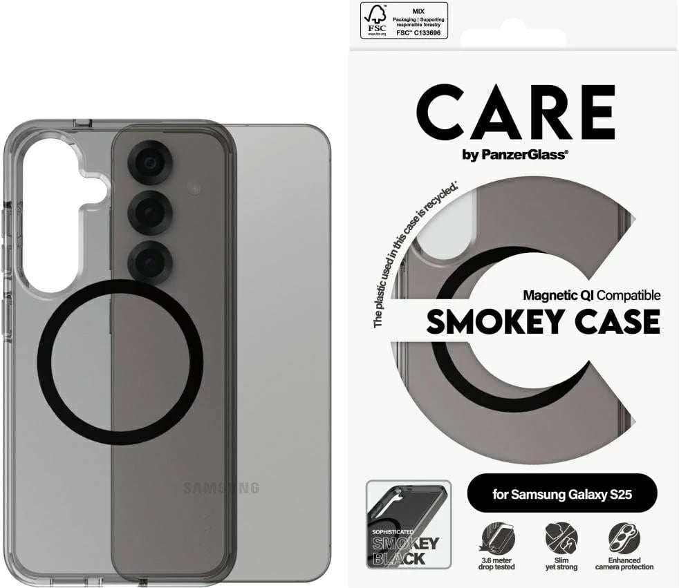 Mbështjellës PanzerGlass CARE Flagship Urban Combat, për Samsung Galaxy S25, gjysmë-transparent, Smokey Black