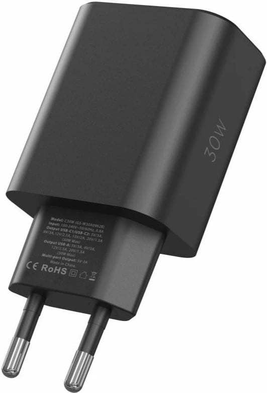 Karikues rrjeti Tech-Protect NC30W, 3 porta (2x USB-C PD 30W, 1x USB-A QC 3.0), i zi