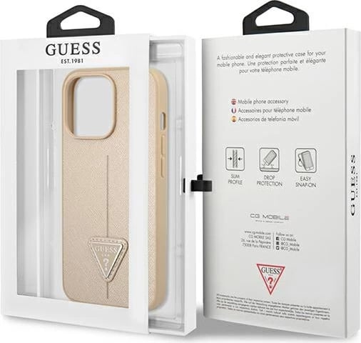 Mbështjellës Guess SaffianoTriangle Logo për iPhone 14 Pro 6.1", Bezhe