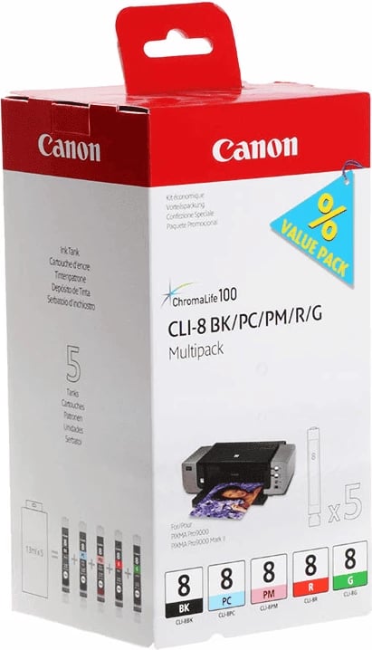 Kartush bojë, Canon, CLI-8 / 0620B027, ChromaLife100, set 5, Black/Photo Cyan/Photo Magenta/Red/Green
