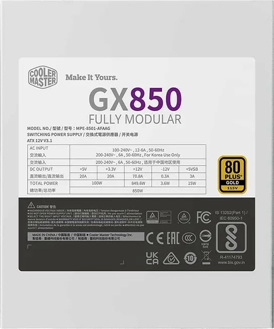 Furnizues energjie Cooler Master GX850 ATX 3.1, 850 W, 80 PLUS Gold, i bardhë