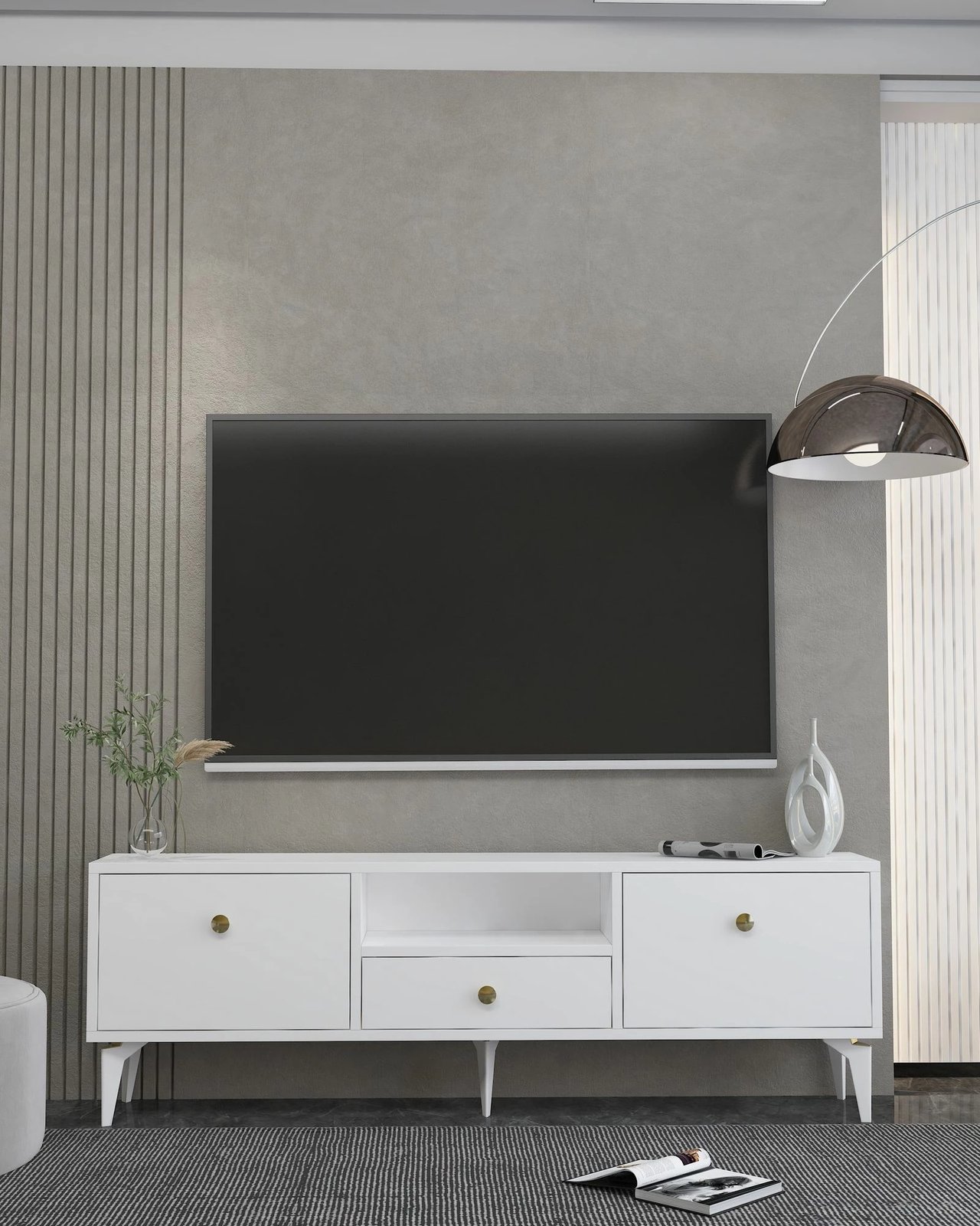 Komodë TV Skye Decor, 1300-DROP-1, e bardhë dhe ari