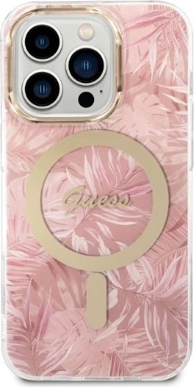 Mbështjellës Guess Jungle Collection me MagSafe + karikues wireless për iPhone 14 Pro 6.1", rozë