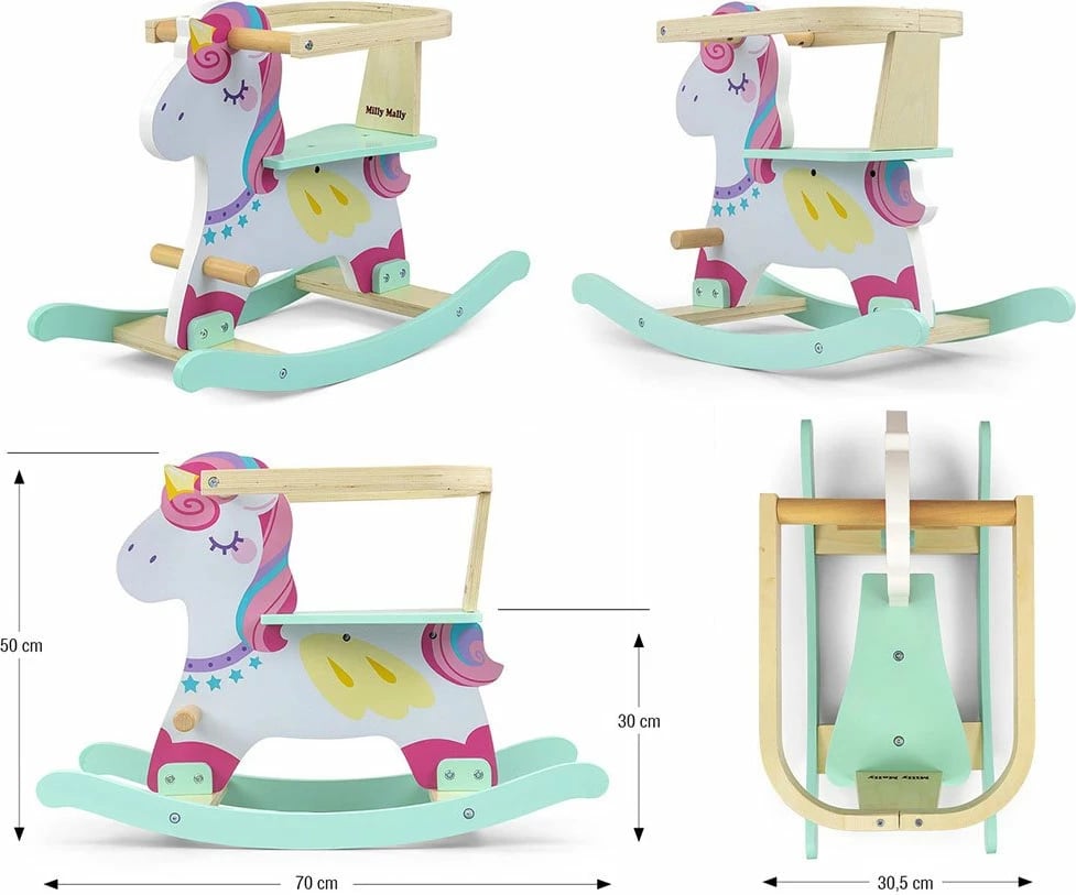 Kalë lëkundës druri, Milly Mally, Lucky 12 Unicorn, me mbrojtëse rrethuese dhe mbështetëse, për 12–36 muaj, deri 25 kg, rozë