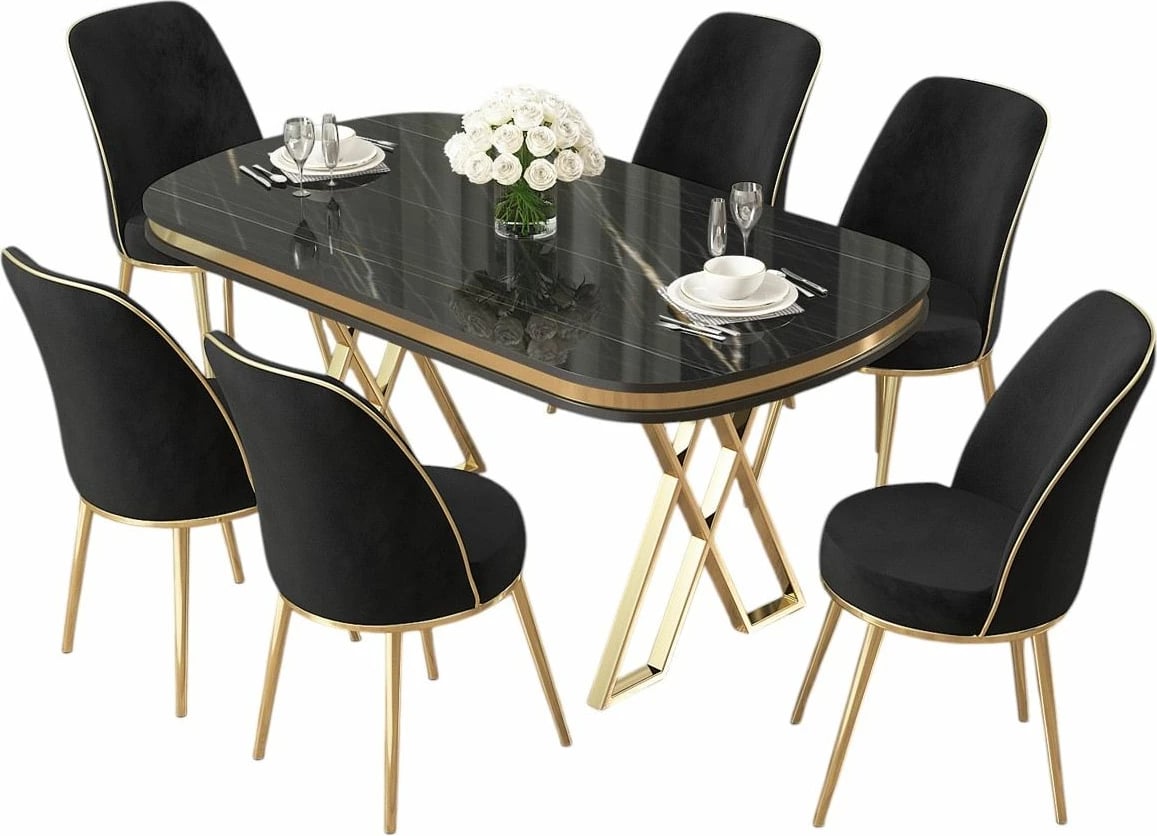 Tavolinë me karrige, 7 copë, Skye Decor, ngjyrë mermeri të zi, ar, e zezë