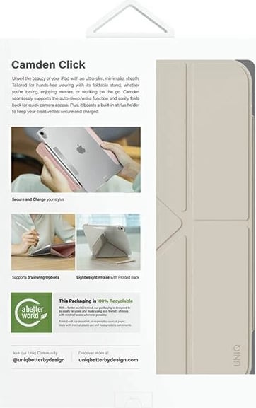 Mbështjellës tablet UNIQ Camden Click për iPad Air 11" (2024), tri-stend Y-fold, auto wake/sleep, mbajtëse Apple Pencil, bezhë