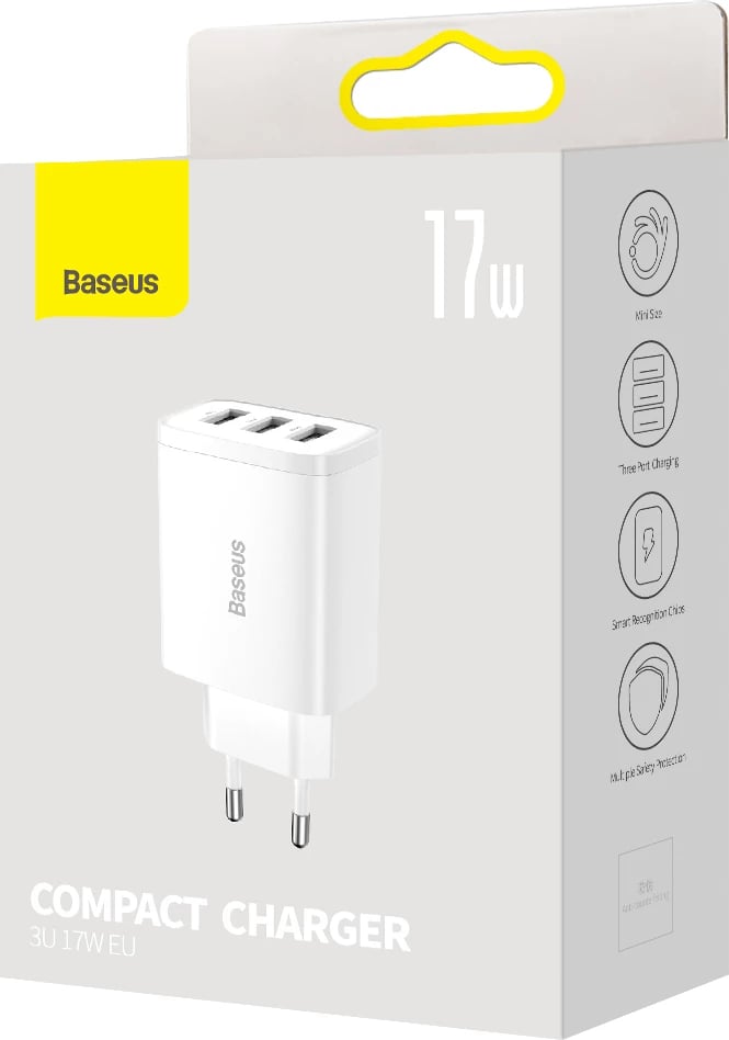 Karikues muri Baseus CCXJ020102, 3x USB, 17W, Bardhë