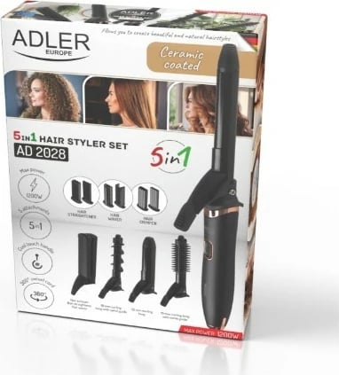 Set për stilim flokësh 5-në-1, Adler AD 2028, veshje qeramike, 1200 W, kabllo 180 cm, i zi