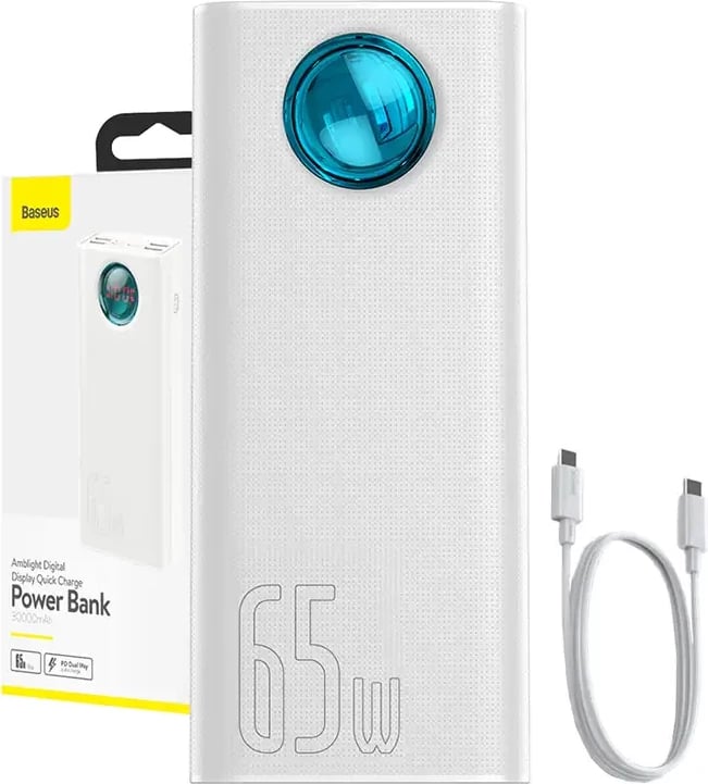 Powerbank Baseus Amblight 30000mAh, 65W, 4xUSB, USB-C, e bardhë
