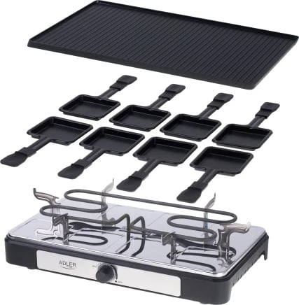 Grill elektrik raclette, Adler AD 6616, 1400W, pjatë 42x23cm, dyanshe jo-ngjitëse, 8 tiganë + 8 shpatulla druri, e zezë