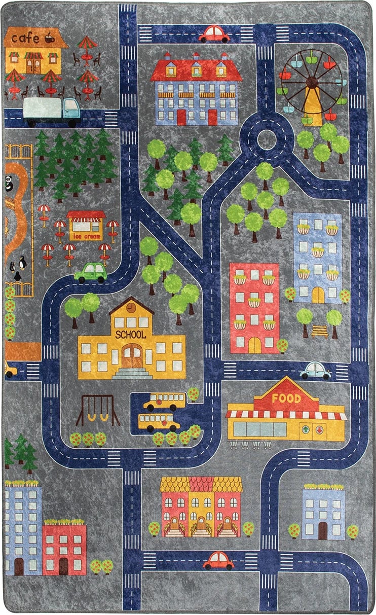Qilim për fëmijë, dizajn qyteti i vogël, shumëngjyrësh, 140x190cm