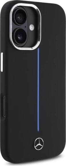 Mbështjellës Mercedes Silicone me MagSafe për iPhone 16, Zi me vijë blu