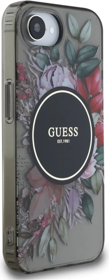 Mbështjellës Guess IML Flowers MagSafe për iPhone 16e, i zi Mbështjellës Guess IML Flowers MagSafe për iPhone 16e, i zi