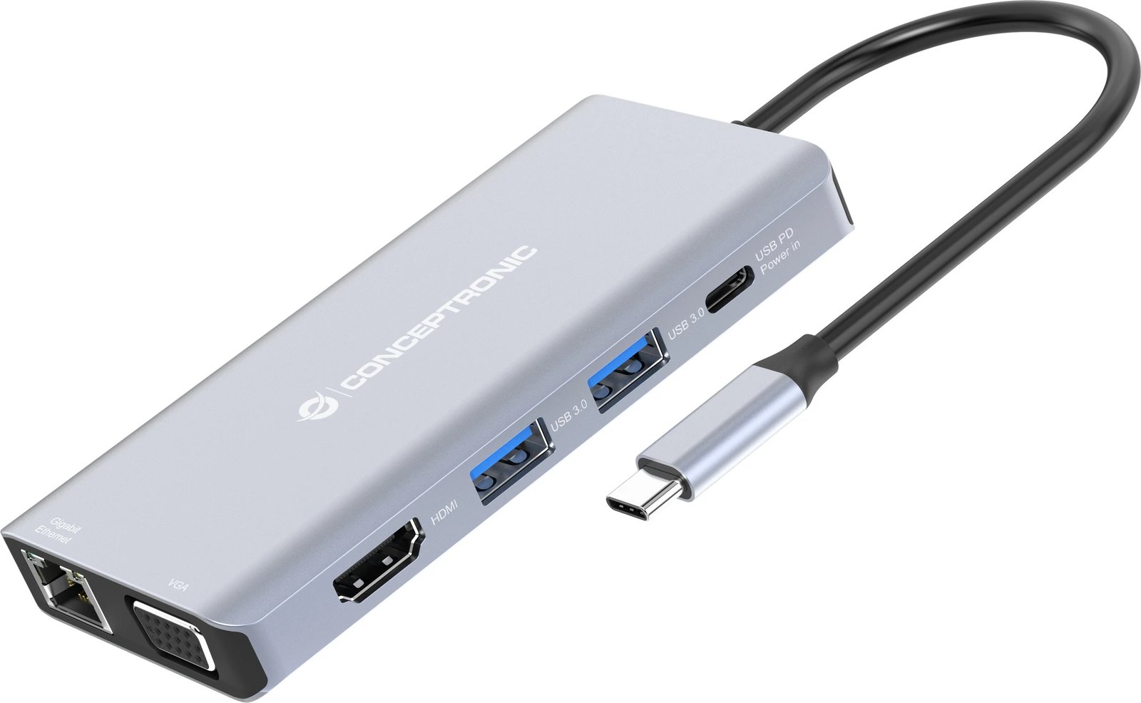 Docking station Conceptronic 10-1, USB-C në HDMI/USB-A/VGA/AUX, 25cm, gri