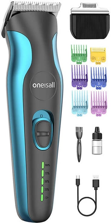 Makinë rroje për kafshë Oneisall DTJ-002, pa kabllo, 2500 mAh, 2 shpejtësi, 6 krehra, zi/blu
