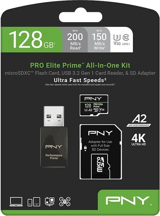 Kartelë memorie microSDXC PNY Elite Prime 128GB me adapter SD dhe lexues USB-A