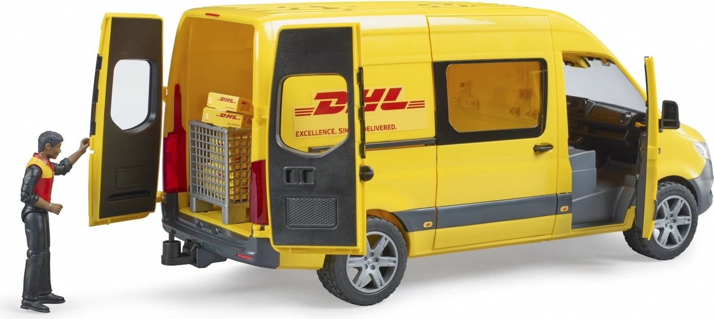 Lodër furgon MB Sprinter DHL, BRUDER BR-02671, shkallë 1:16, plastikë, me figurë dhe aksesorë, e verdhë, set