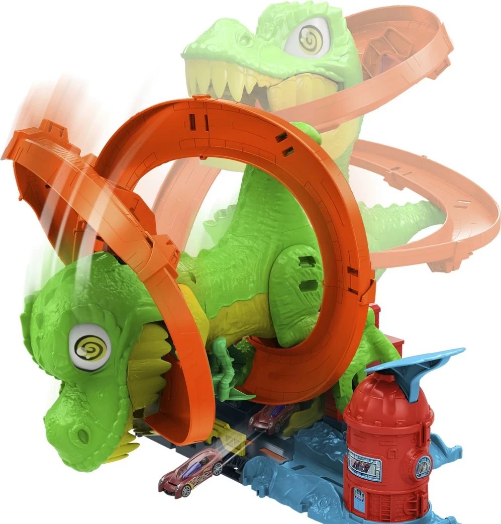 Set lodrash Hot Wheels City T-Rex Blaze Battle me veturë 1:64, shumëngjyrëshe
