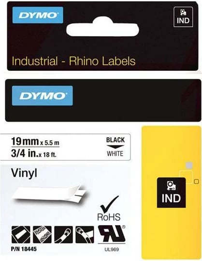 Shirit etiketimi vinil, Dymo Rhino, 18445 S0718620, 19mm x 5.5m, zi/bardhë