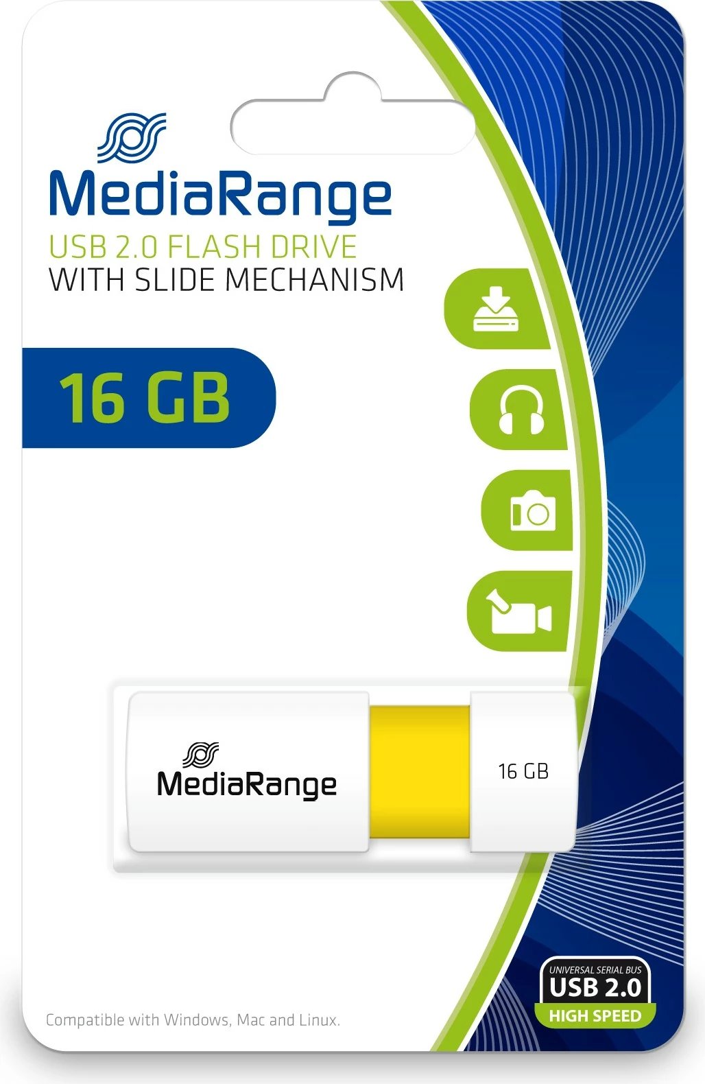 USB stick MediaRange 16GB, USB 2.0, slider, verdhë